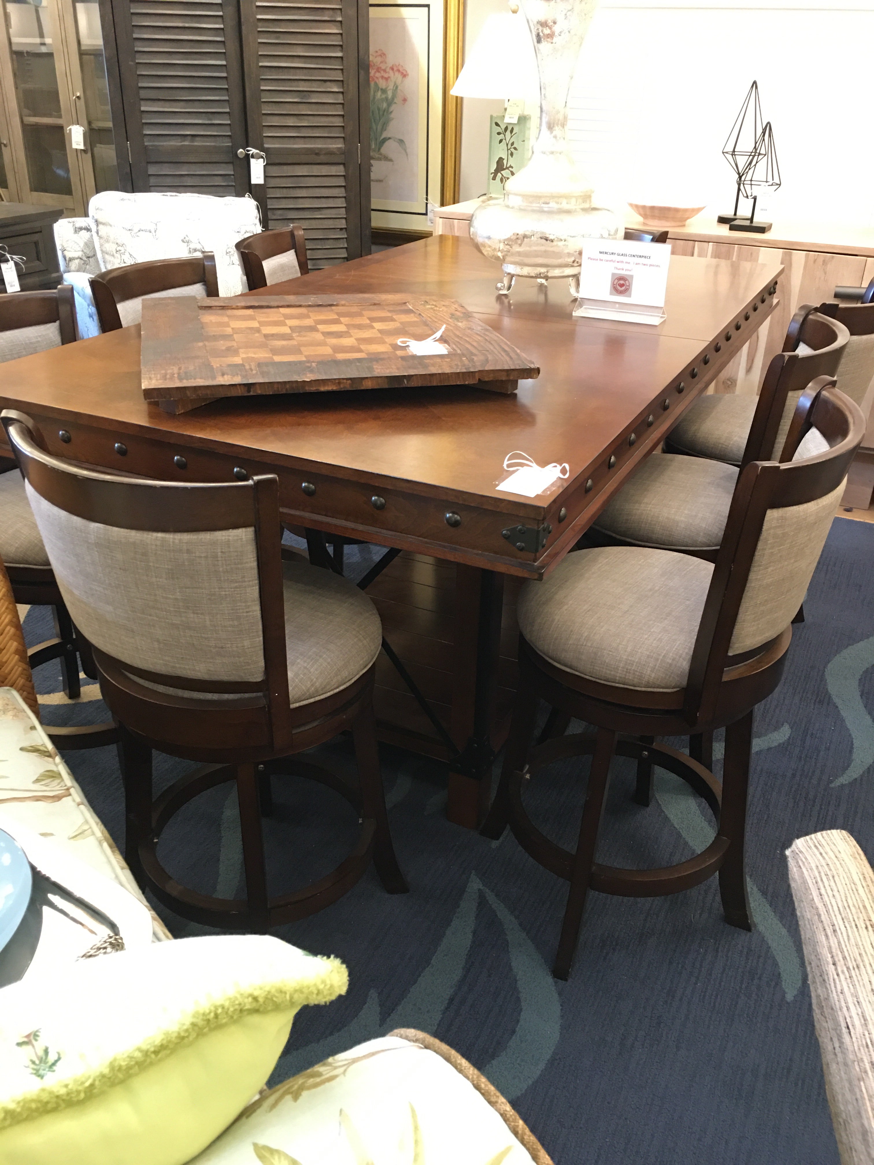 HIGH TOP TABLE WITH LEAF AND 8 BARSTOOLS Consign & Design