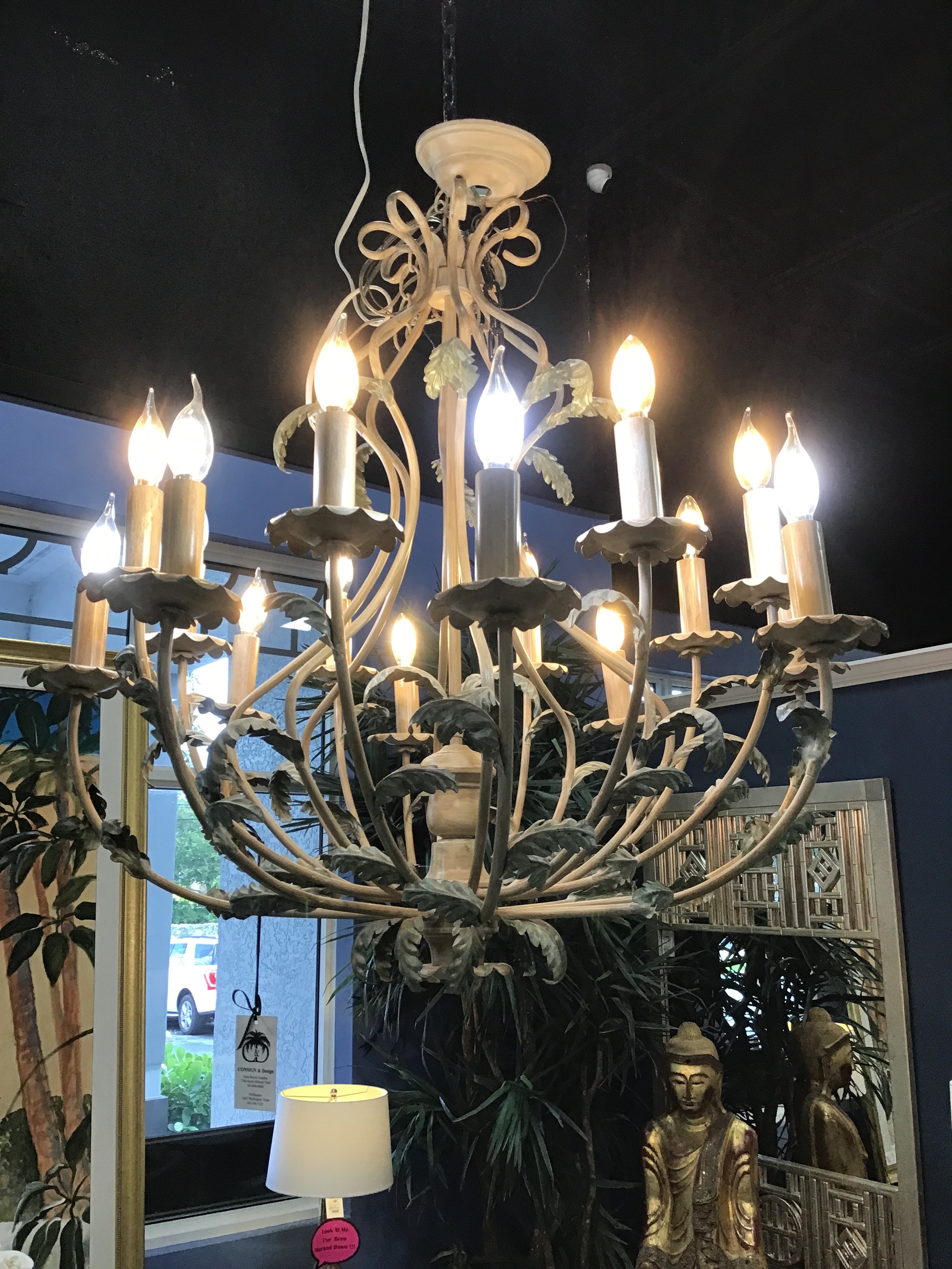 CHANDELIER CREAM AND GREEN WITH SIXTEEN LIGHTS Consign & Design