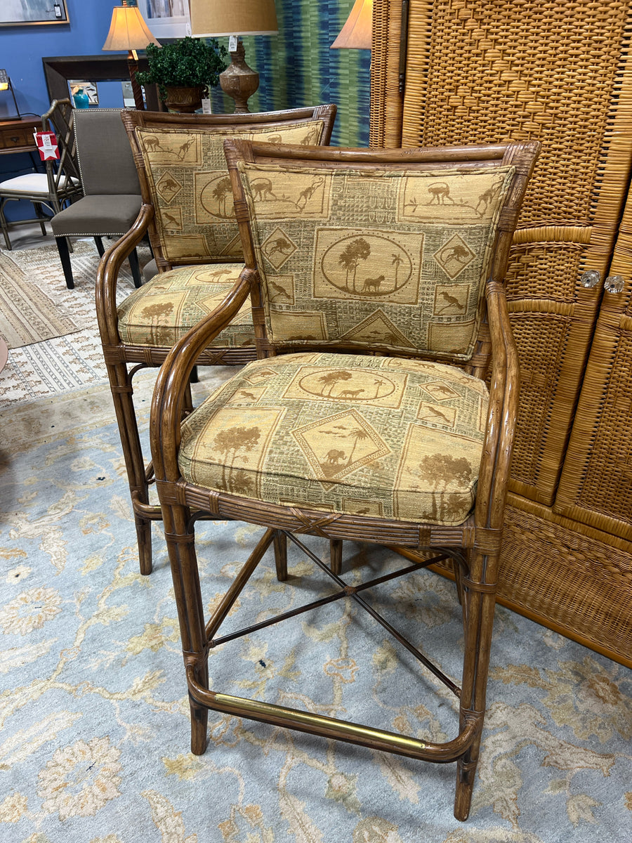 FURGUSSEN COPELAND PAIR  OF BAR STOOLS BAMBOO TAN UPHOLSTERY