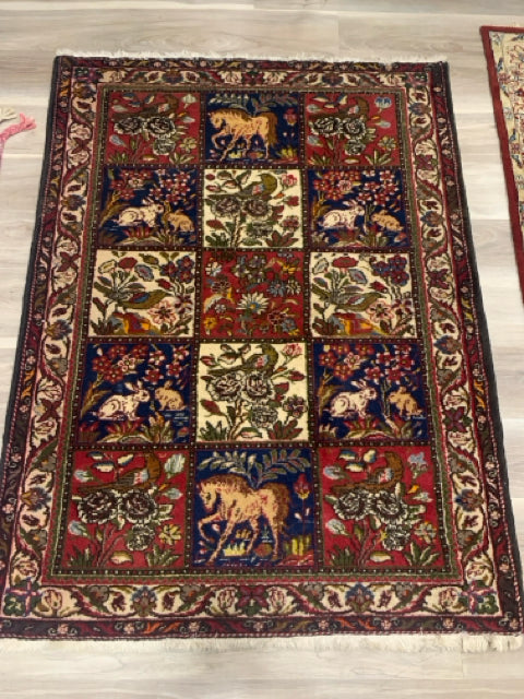 RUG RED BLUE WITH HORSES AND RABBIT