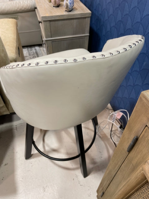 BAR STOOLS  PAIR  CREAM SWIVEL NAILHEADS AND BLACK  LEGS PRICED FOR CONDITION