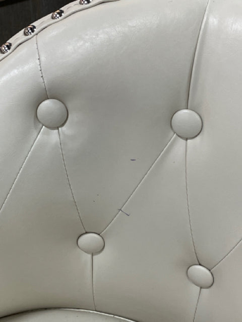 BAR STOOLS  PAIR  CREAM SWIVEL NAILHEADS AND BLACK  LEGS PRICED FOR CONDITION