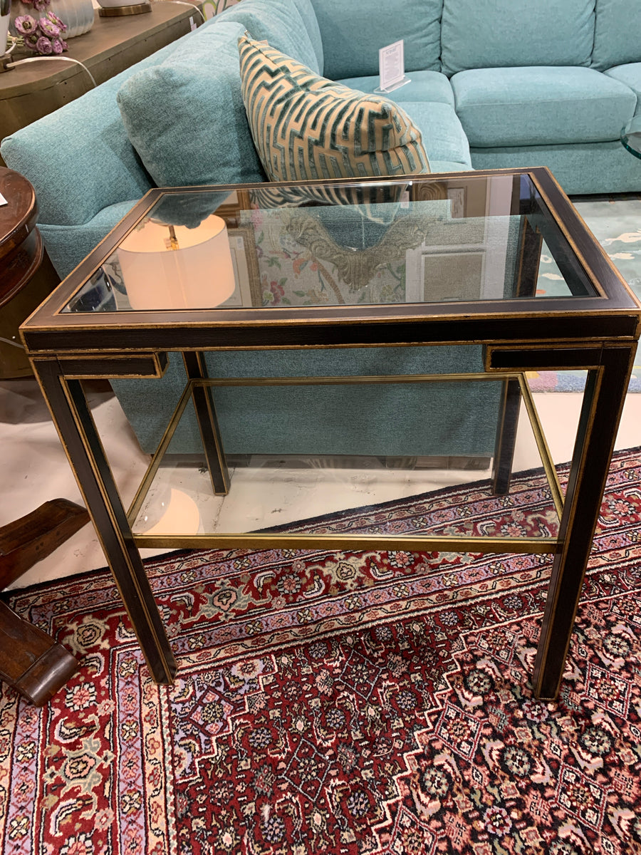 END TABLE BLACK EMBELLISHED WITH GOLD  GLASS TOP AND SHELF