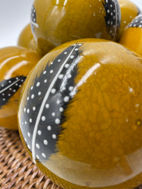 BALLS DECORATIVE SET OF 6  GOLD WITH HANDPAINTED FEATHER ACCENT
