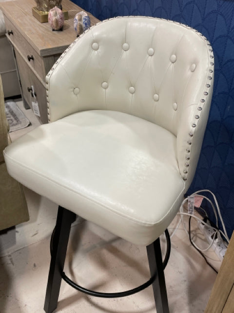 BAR STOOLS  PAIR  CREAM SWIVEL NAILHEADS AND BLACK  LEGS PRICED FOR CONDITION