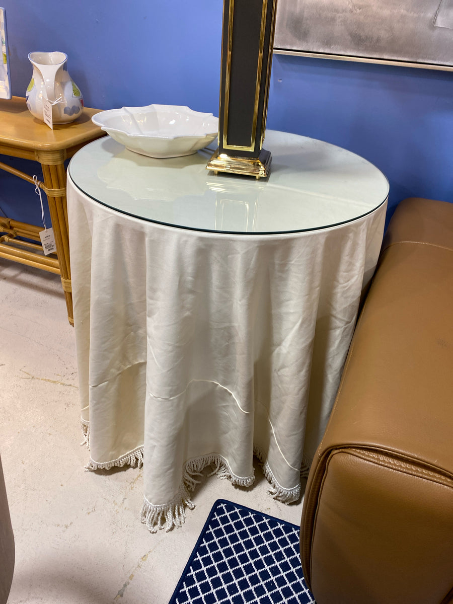 BALLARD ACCENT TABLE CUSTOM SKIRTED  CREAM WITH TASSEL AND GLASS TOP