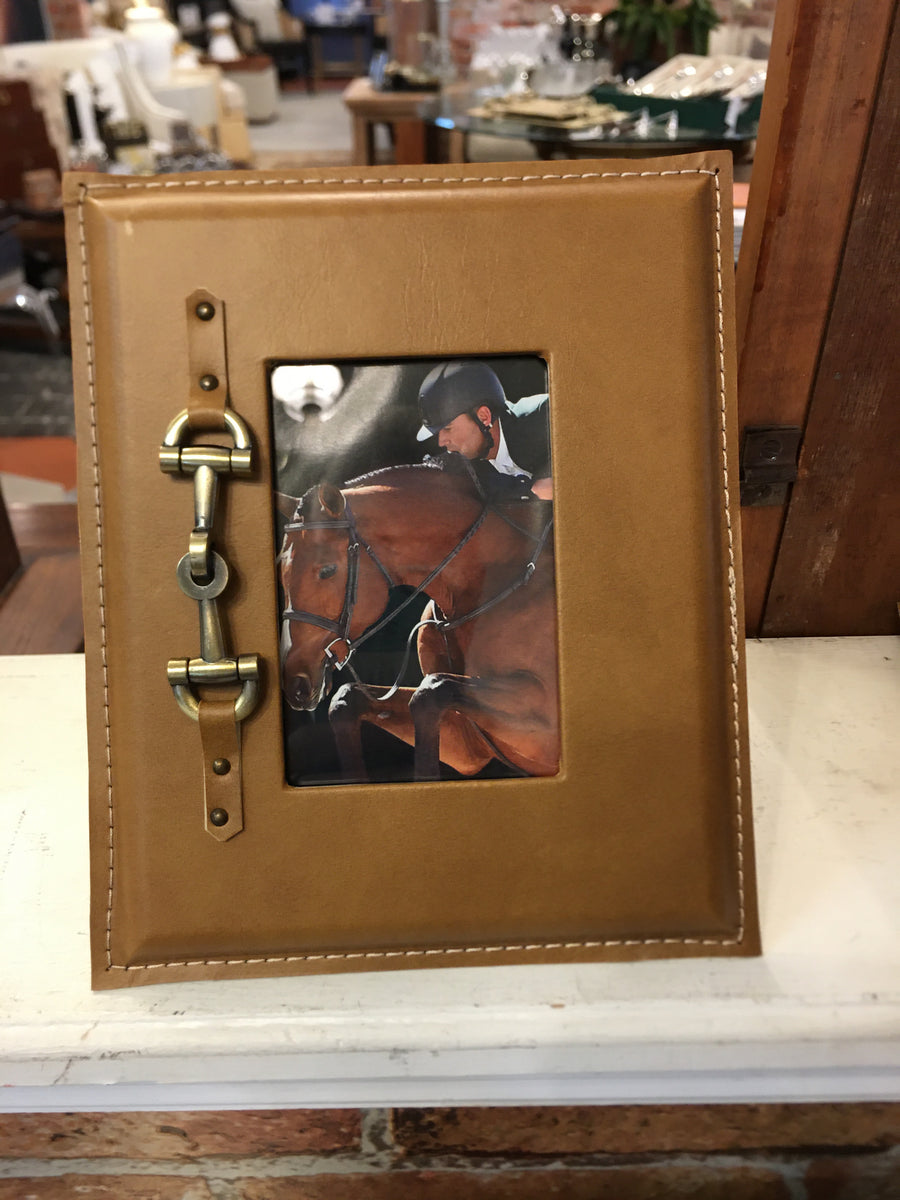 PHOTO FRAME TAN LEATHER WITH GOLD HORSE BIT