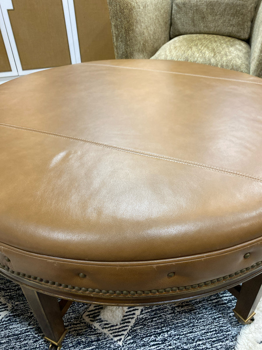 OTTOMAN BROWN LEATHER WITH PINNAIL DETAIL AND CASTERS