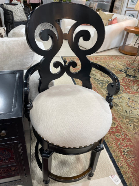 FRONT GATE PAIR OF COUNTER STOOLS BLACK WOOD WITH WHITE UPHOLSTERED SEAT