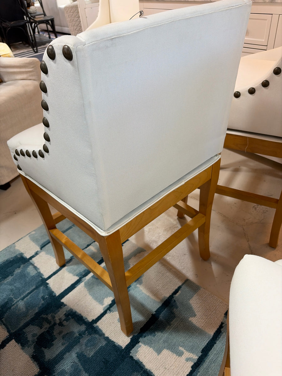 BALLARD PAIR  SWIVEL COUNTER STOOL CREAM SEAT  LIGHT WOOD BASE NAIL HEAD DETAIL