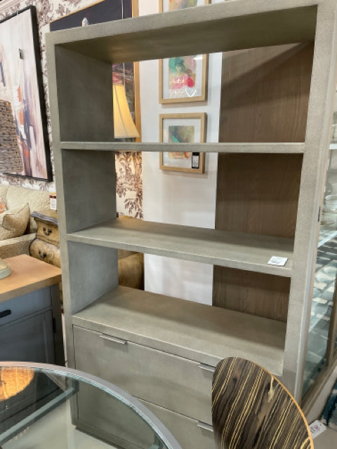 RESTORATION HARDWARE BOOKCASE SHAGREEN FOG PEWTER 2 DOOR 3 SHELVES