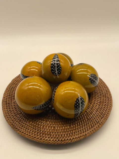BALLS DECORATIVE SET OF 6  GOLD WITH HANDPAINTED FEATHER ACCENT