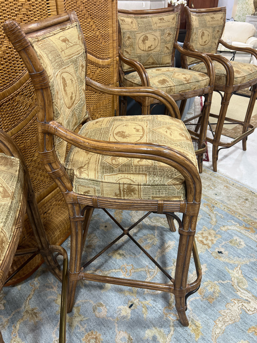 FURGUSSEN COPELAND PAIR  OF BAR STOOLS BAMBOO TAN UPHOLSTERY