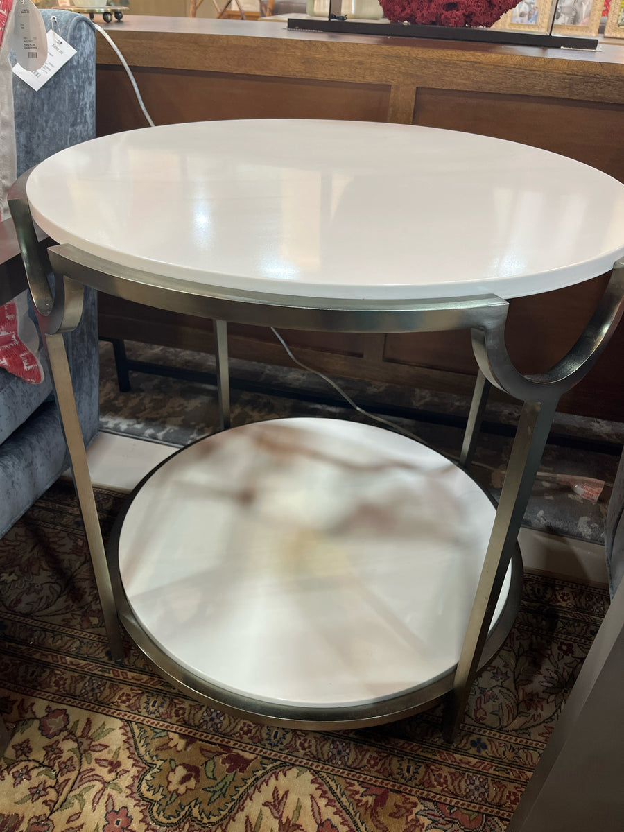 OCCASIONAL TABLE WHITE MARBLE WITH SHELF BRASS BASE