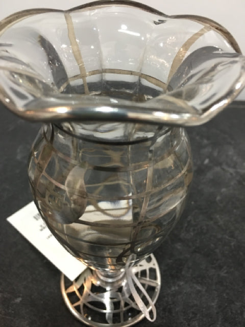 GLASS FLOWER VASE WITH SILVER OVERLAY