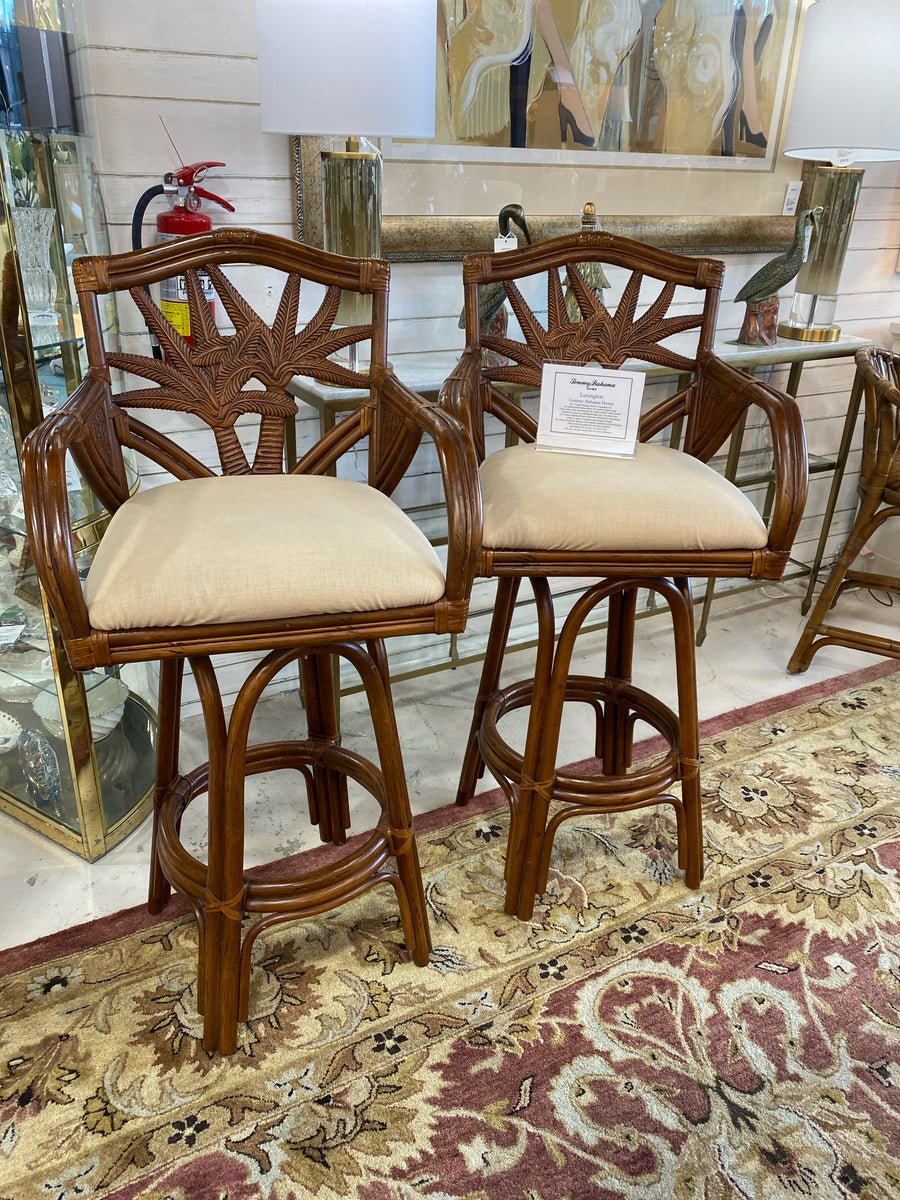 PAIR TOMMY  BAHAMA BAR STOOLS PALM BACK OATMEAL CUSHION