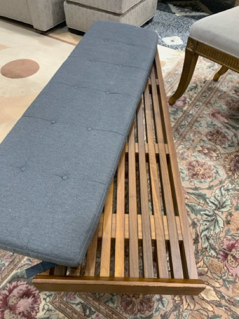 CRATE & BARREL BENCH WALNUT WITH GREY CUSHION