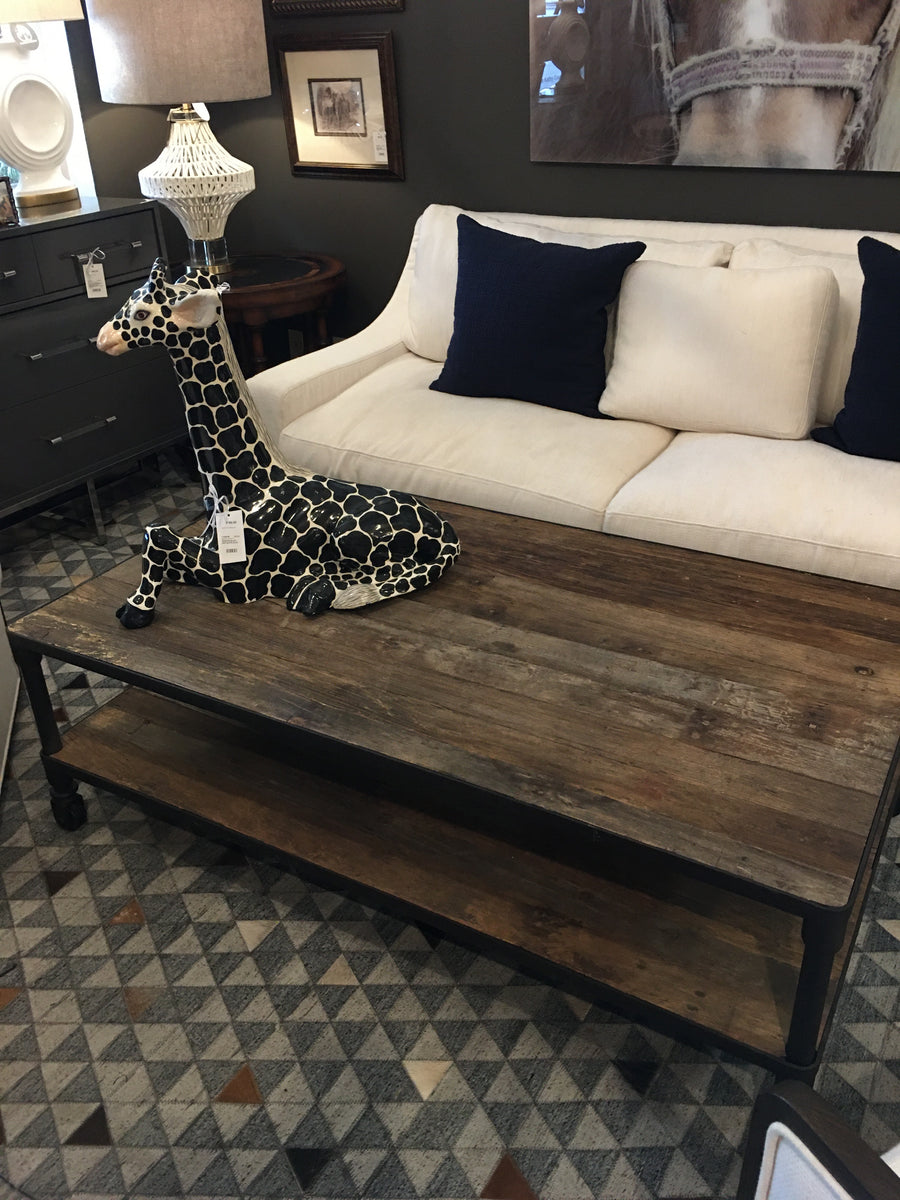 COFFEE TABLE METAL AND WOOD ON WHEELS