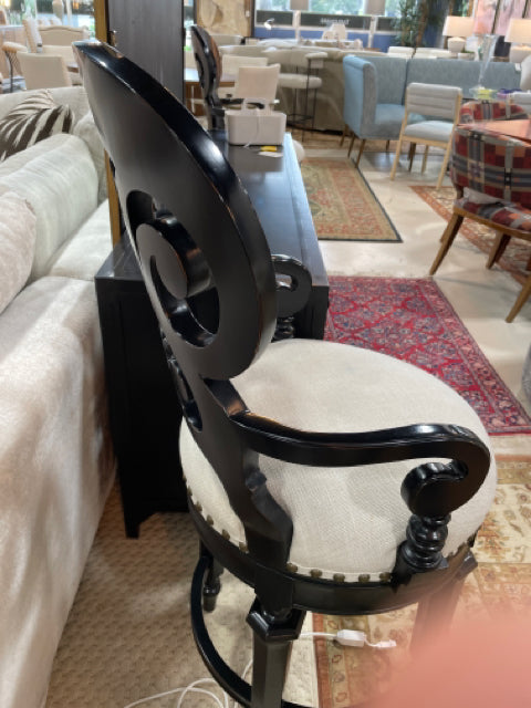 FRONT GATE PAIR OF COUNTER STOOLS BLACK WOOD WITH WHITE UPHOLSTERED SEAT