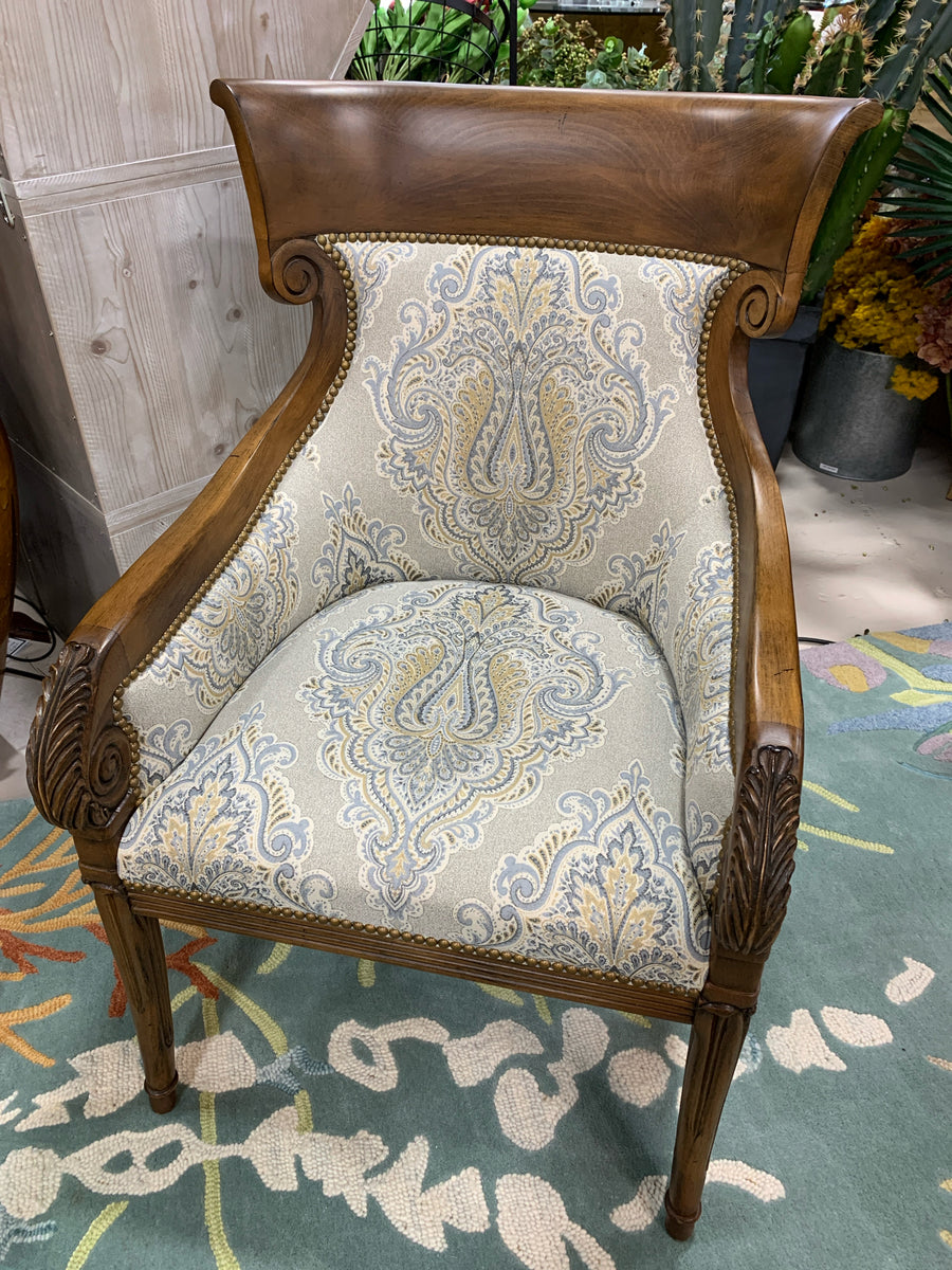 CENTURY ARM CHAIR CARVED WOOD ARM WITH TAUPE AND GREY UPHOLSTERY