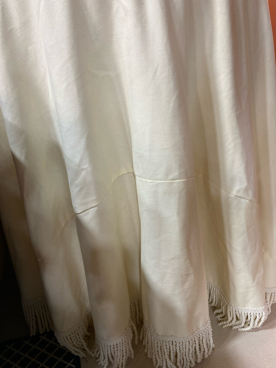 BALLARD ACCENT TABLE CUSTOM SKIRTED  CREAM WITH TASSEL AND GLASS TOP