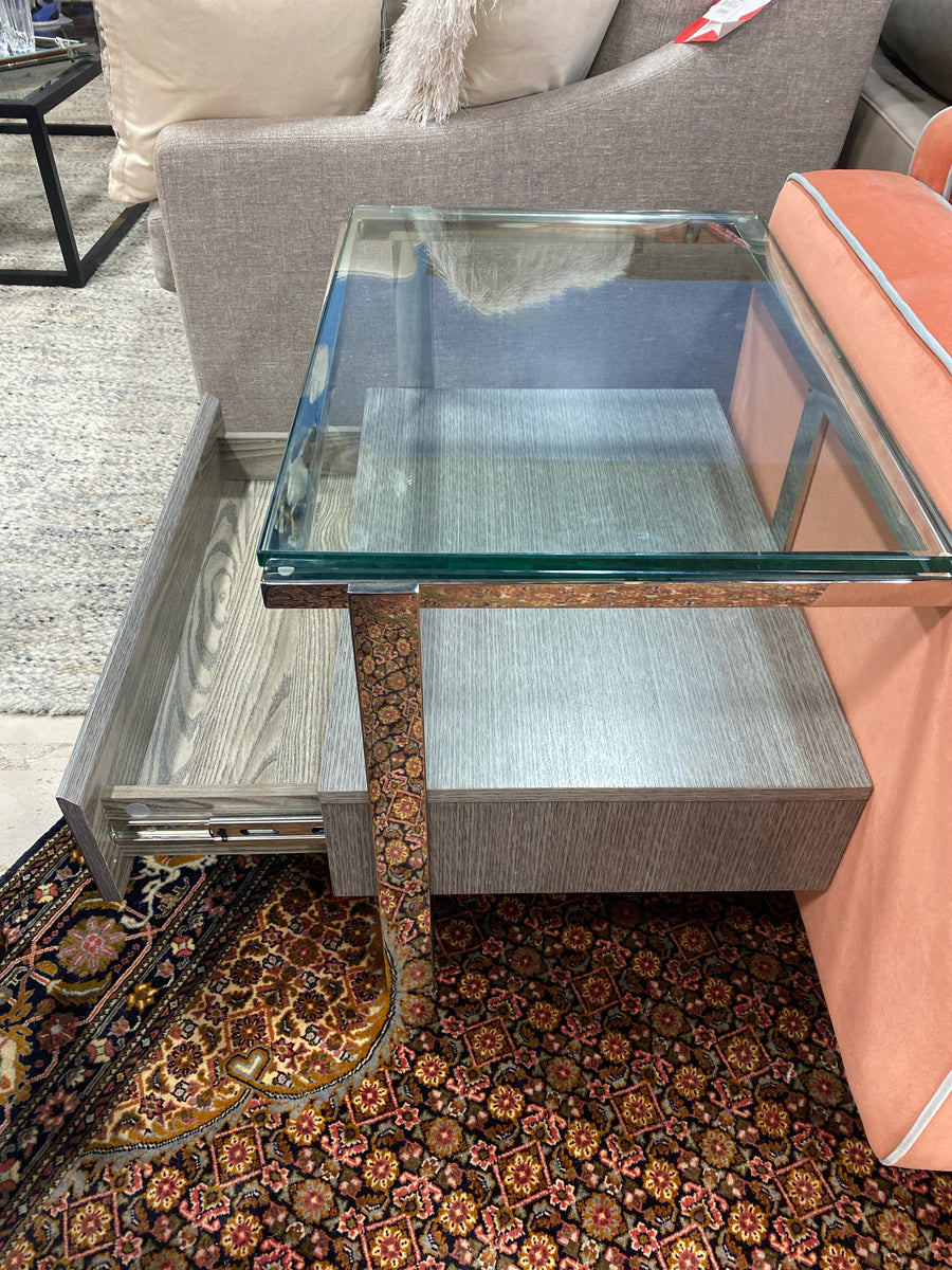 END TABLE GREY GLASS AND CHROME 1 DRAWER