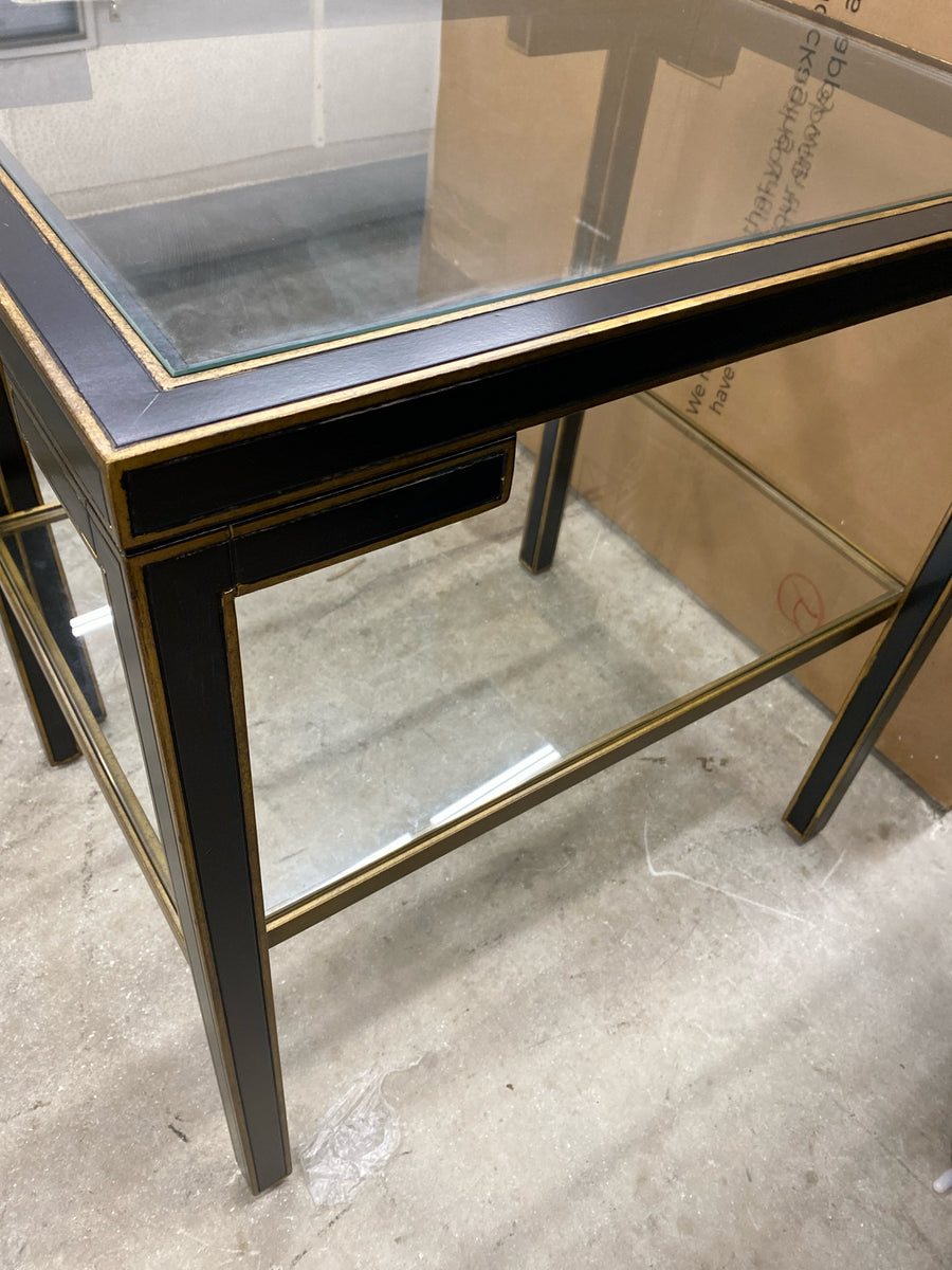 END TABLE BLACK EMBELLISHED WITH GOLD  GLASS TOP AND SHELF