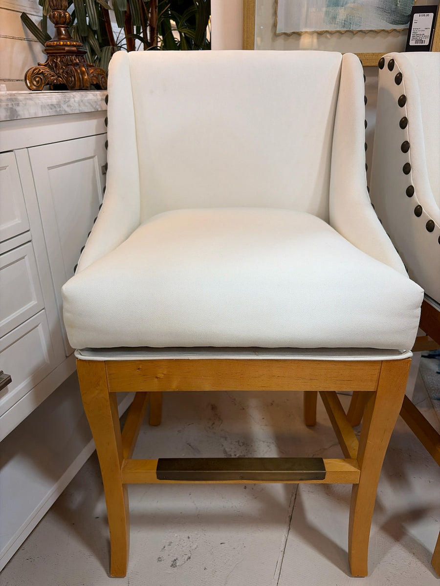 BALLARD PAIR  SWIVEL COUNTER STOOL CREAM SEAT  LIGHT WOOD BASE NAIL HEAD DETAIL