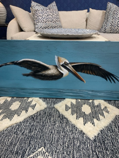 HAND PAINTED ON WOOD CRUISING PELICAN