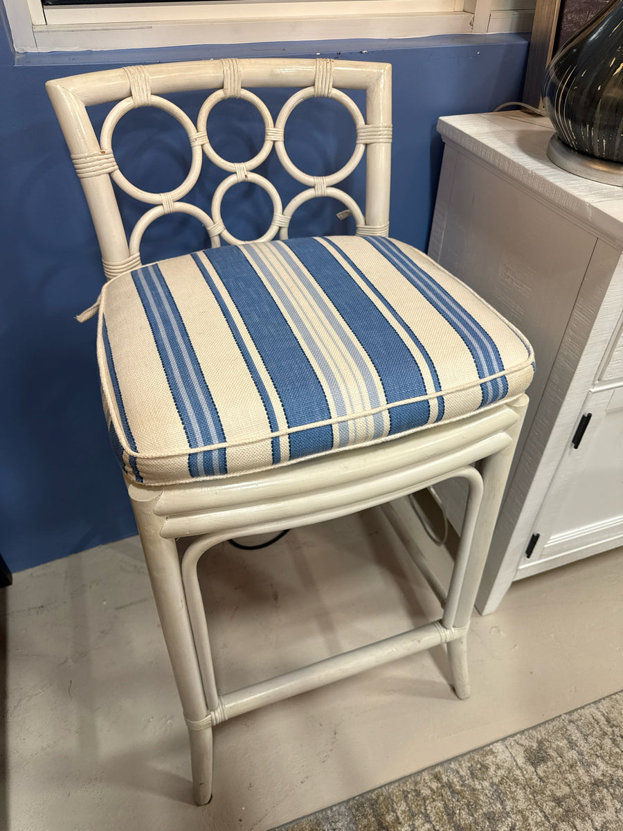 BARSTOOLS SET 3 WHITE RATTAN BLUE STRIPED CUSHIONS PER CONDITION