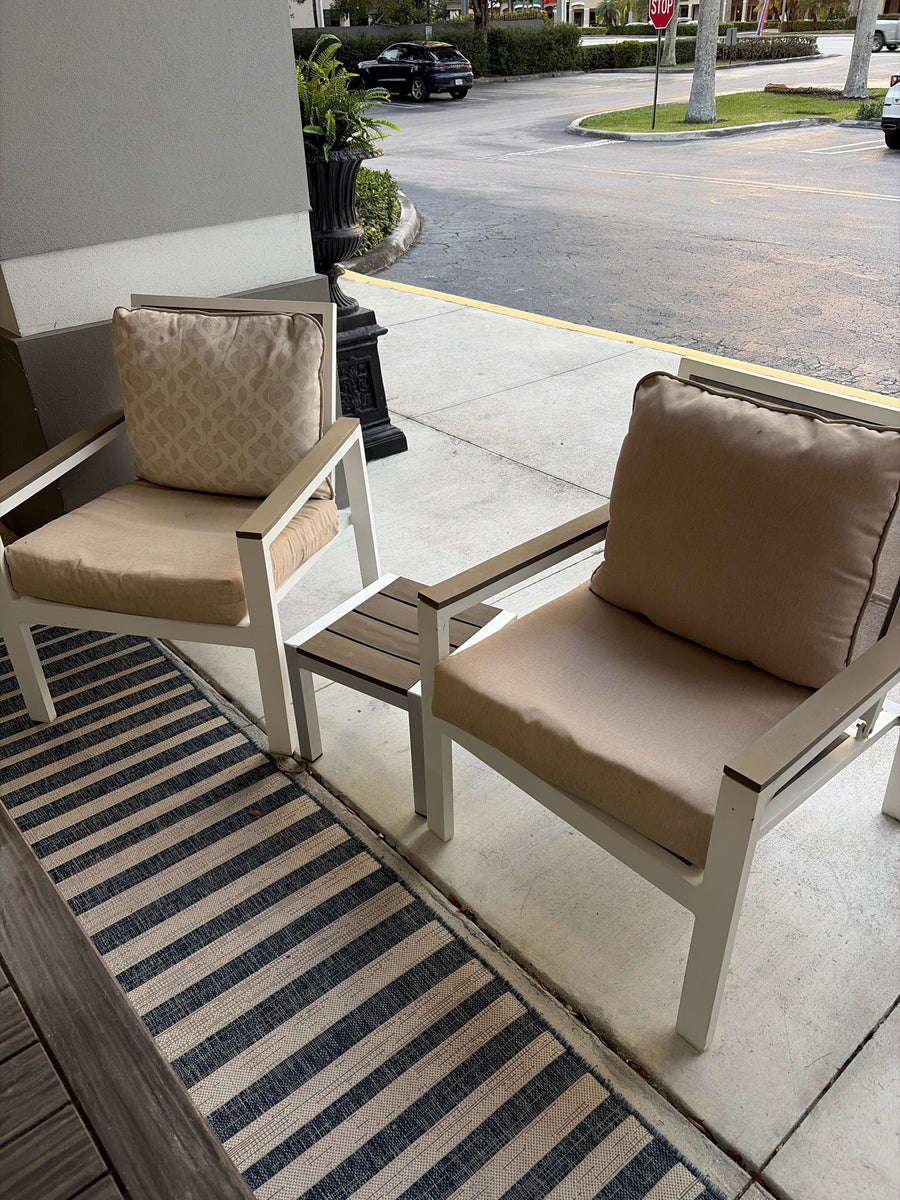 hampton bay patio umbrella customer support PAIR OF HAMPTON BAY OUTDOOR CHAIRS WITH SIDE TABLE – Consign & Design