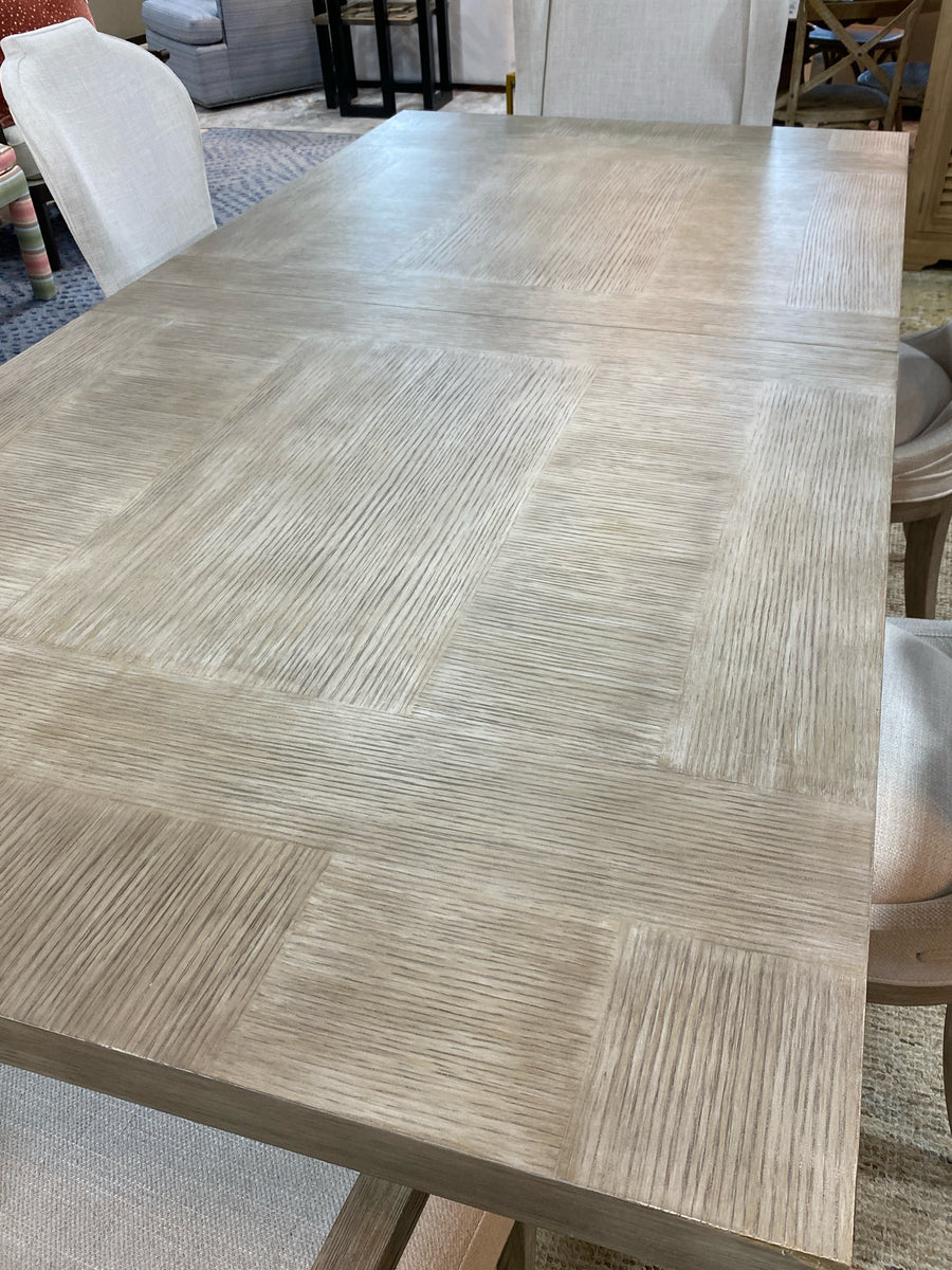 BERNHARDT  DINING TABLE SANDSTONE DOUBLE PEDESTAL WITH 6 CHAIRS 2 LEAF 20"