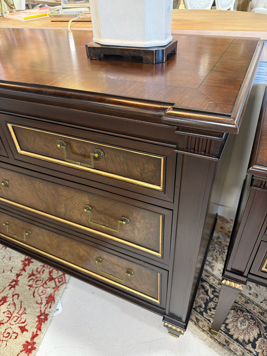 ETHAN ALLEN DRESSER AND 2 NIGHTSTAND DARK WOOD GOLD LEAF ACCENT – Consign &  Design