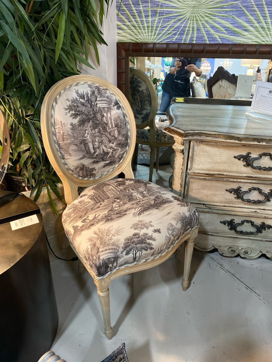 CHAIR ARMLESS   GREY AND CREAM TOILE