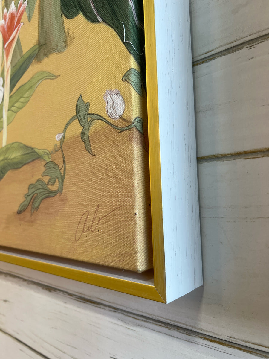 LINEN THREE PANELS PALM BEACH FRAMED IN WHITE AND GOLD FLOATER