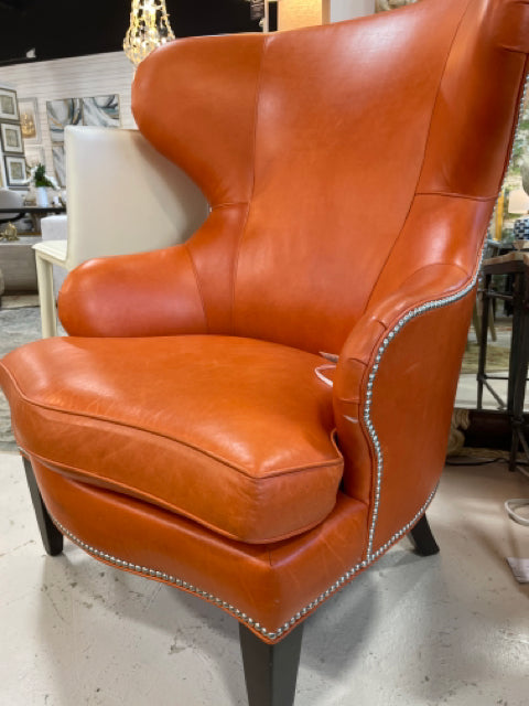 ETHAN ALLEN WINGBACK CHAIR BURNT ORANGE SILVER PIN NAIL