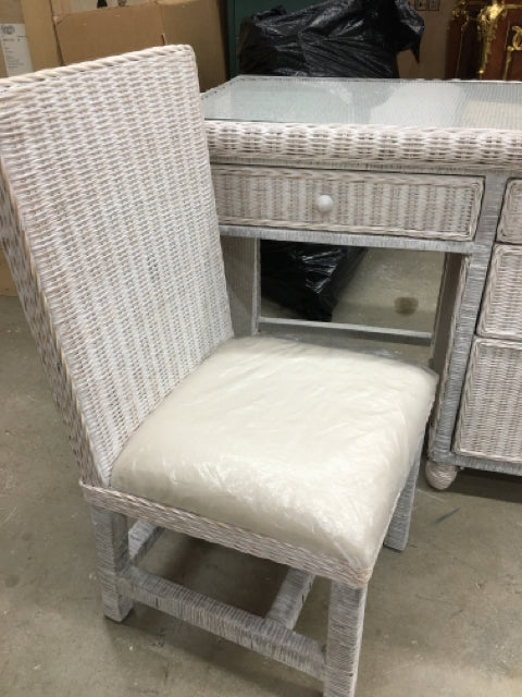 DESK WHITE WICKER WITH 4  DRAWER AND GLASS TOP AND DESK CHAIR