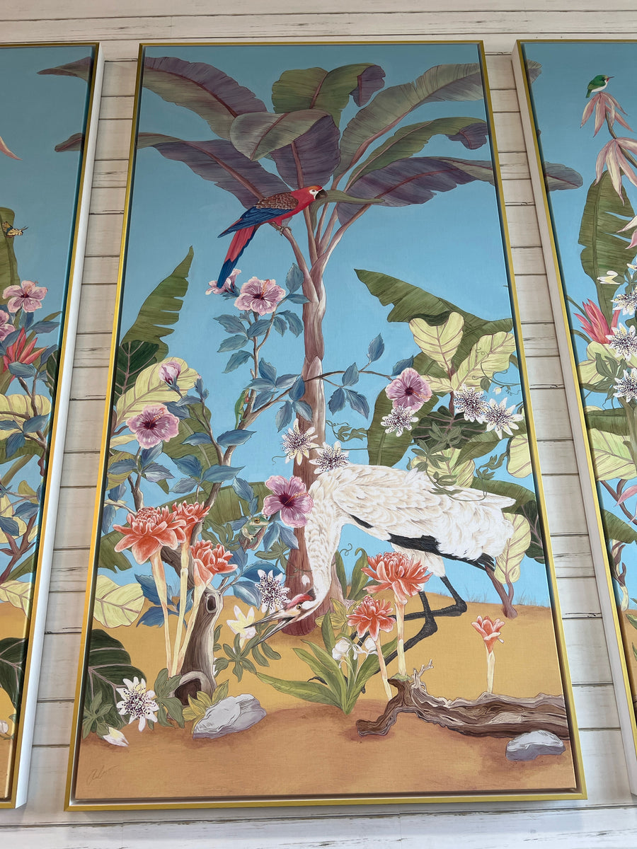 LINEN THREE PANELS PALM BEACH FRAMED IN WHITE AND GOLD FLOATER