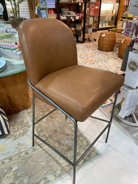 BAR STOOL BROWN LEATHER METAL FRAME