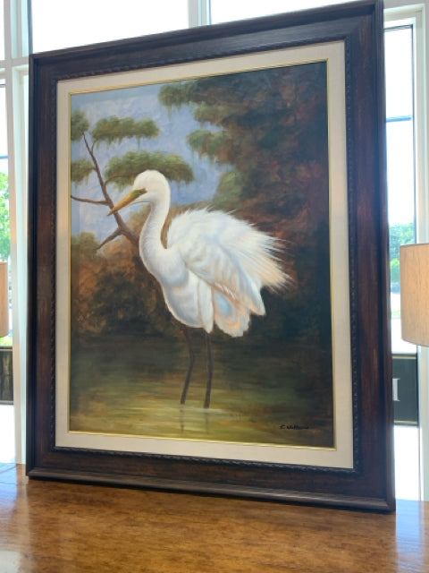 PAINTING EGRET WITH  WOOD FRAME