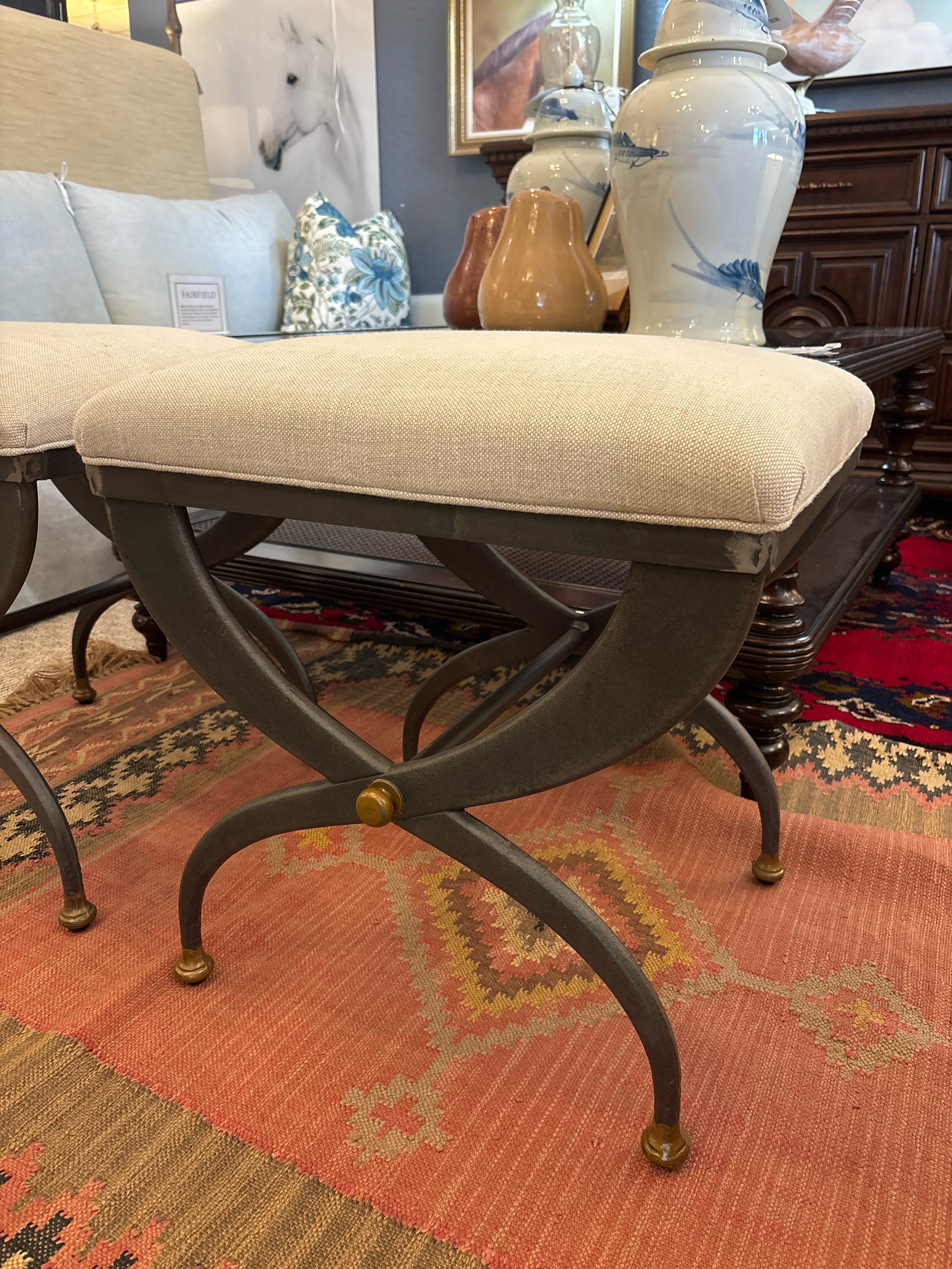 BENCH BEIGE LINEN SEAT METAL BASE – Consign & Design