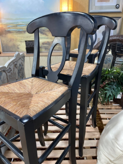 BAR STOOLS SET OF 3 BLACK  WITH RATTAN WEAVE SEAT