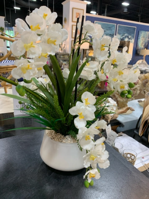 SILK WHITE ORCHID ARRANGEMENT WHITE GLASS VASE WITH ROCK