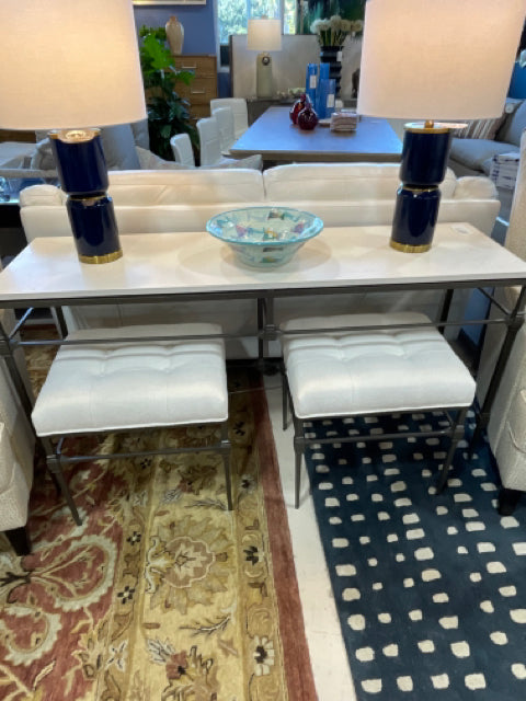 BERNHARDT CONSOLE WHITE  STONE TOP WITH NESTING  OTTOMANS TUFTED WHITE FABRIC