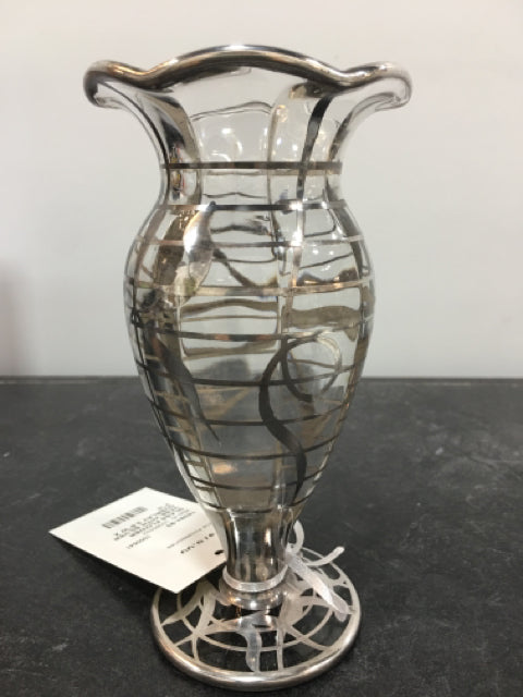 GLASS FLOWER VASE WITH SILVER OVERLAY