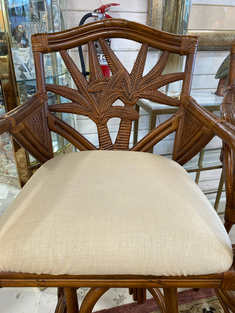 PAIR TOMMY  BAHAMA BAR STOOLS PALM BACK OATMEAL CUSHION