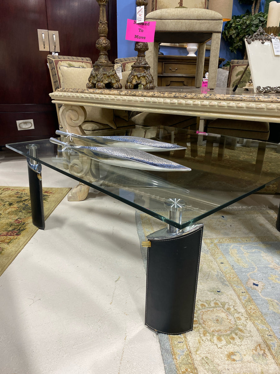 COFFEE TABLE GLASS CHROME WITH LEATHER LEGS