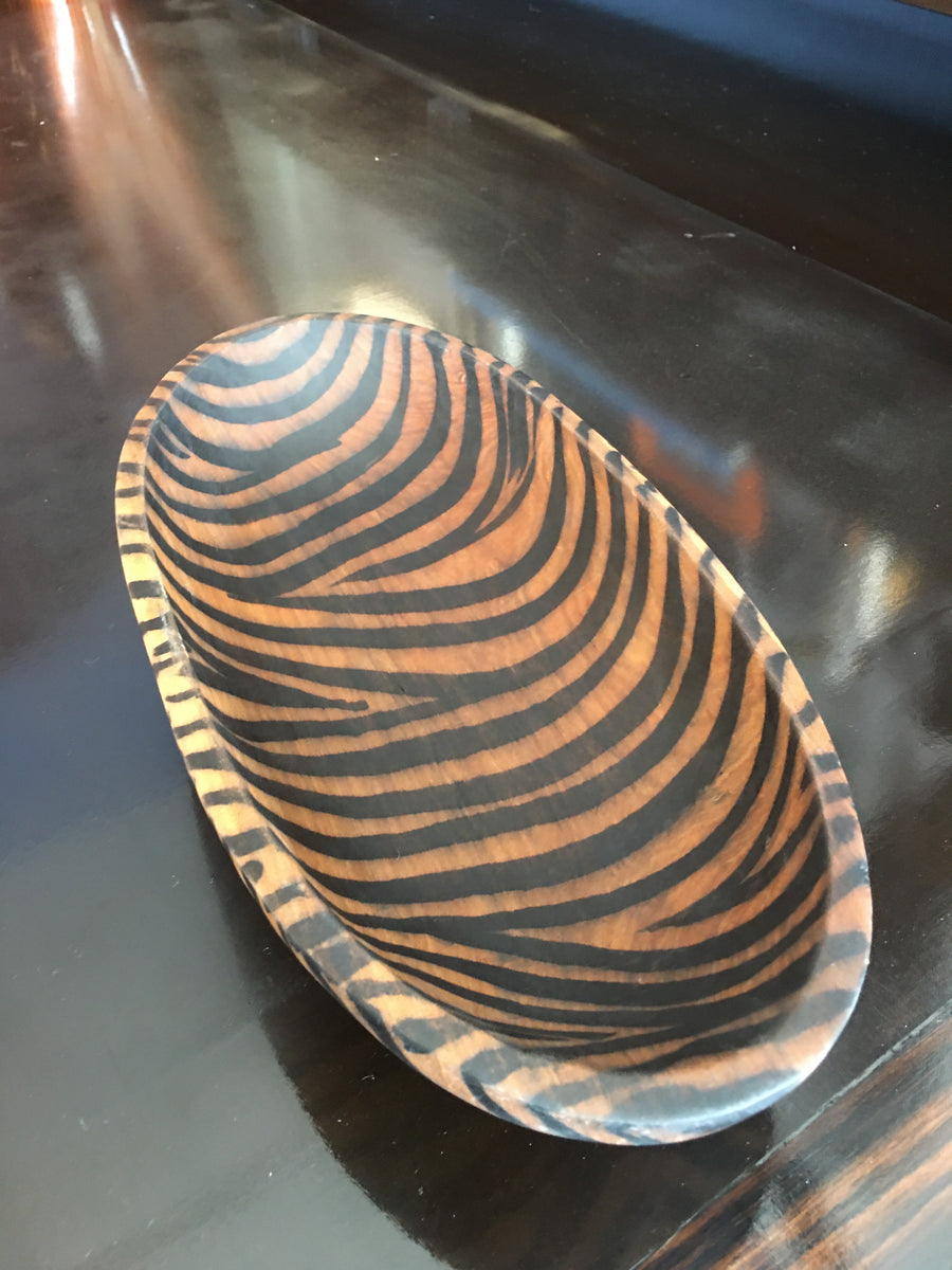 KENYAN WOODEN CANOE BOWL WITH ZEBRA PATTERN