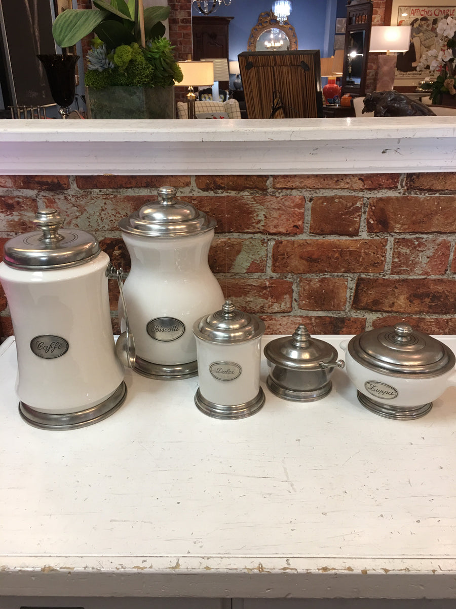 CANISTERS 5 PIECE COFFEE SET; ARTE ITALICA CERAMIC & PEWTER