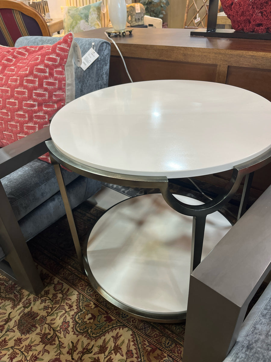 OCCASIONAL TABLE WHITE MARBLE WITH SHELF BRASS BASE
